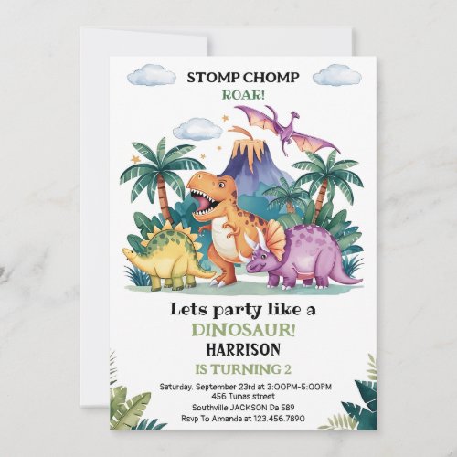 Dinosaur Three Rex 3rd Rex Greenery Birthday Party Invitation