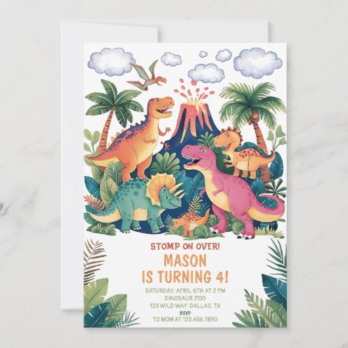 Dinosaur Three Rex 3rd Rex Greenery Birthday Party Invitation