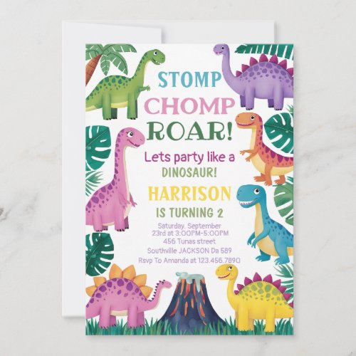 Dinosaur Three Rex 3rd Rex Greenery Birthday Party Invitation