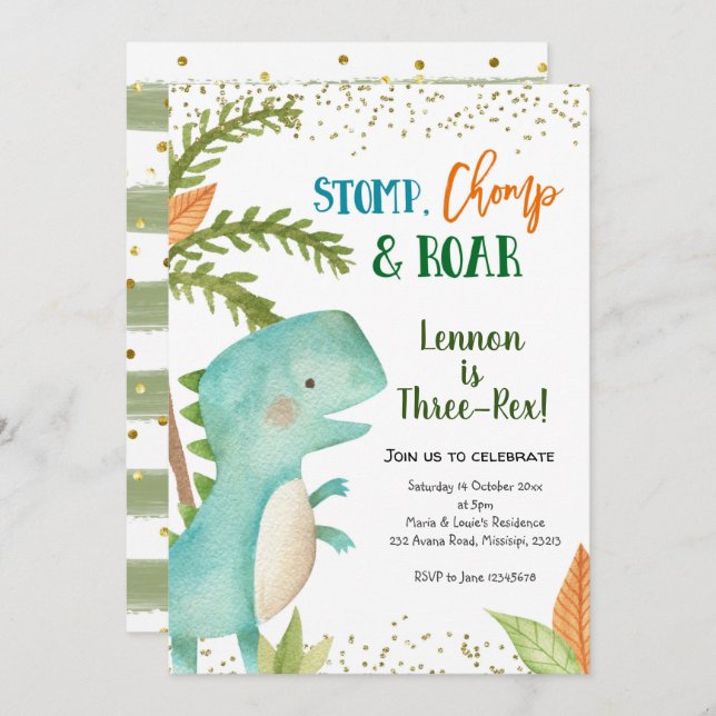 Dinosaur Three-Rex Birthday Invitation (Front/Back)