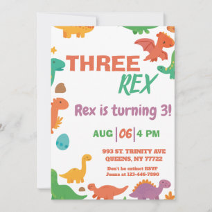 Dinosaur Three-Rex birthday  Invitation