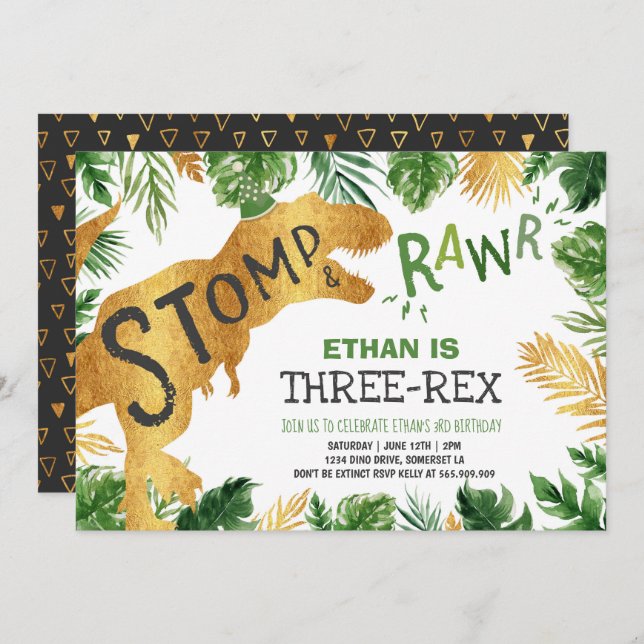 Dinosaur Three-Rex Birthday Invitation Boy Dino (Front/Back)