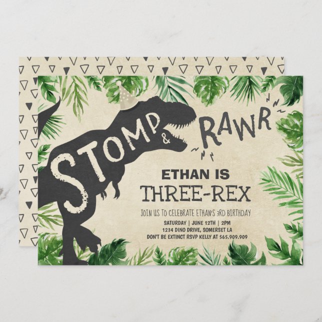 Dinosaur Three-Rex Birthday Invitation Boy Dino (Front/Back)