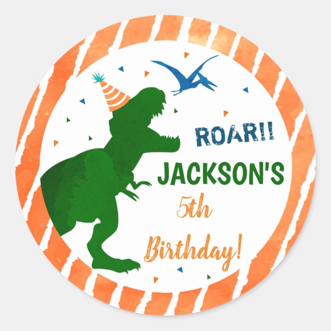 Dinosaur Three Rex Birthday Party Favor Stickers (Front)