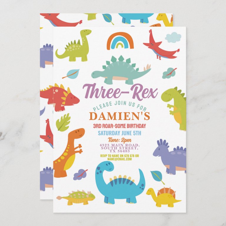 Dinosaur Three Rex Cute Boys Party Invitation