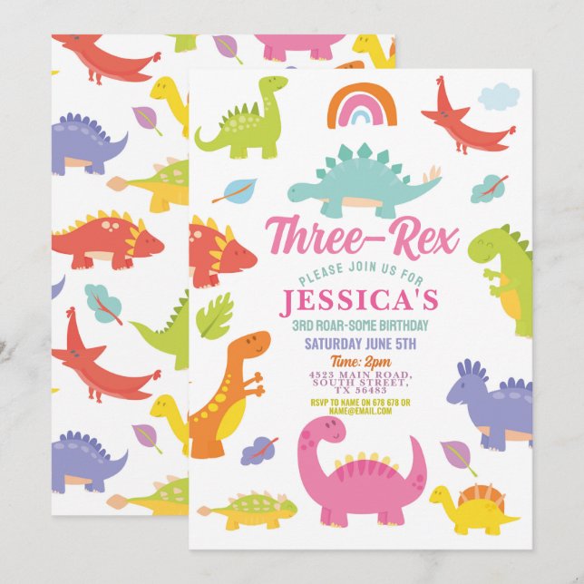 Dinosaur Three Rex Cute Girls Pink Party Invitation (Front/Back)
