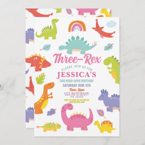 Dinosaur Three Rex Cute Girls Pink Party Invitation