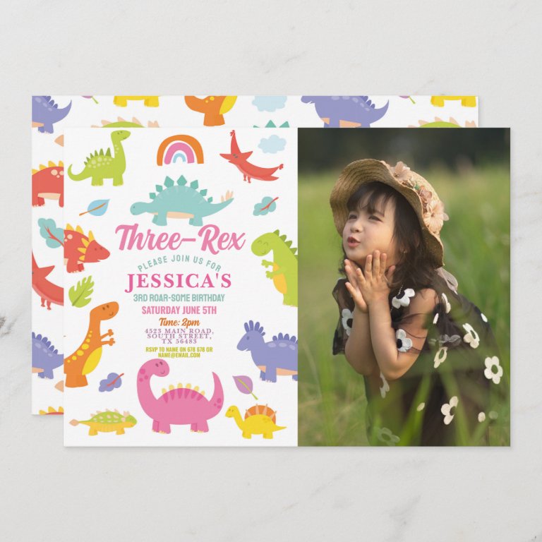 Dinosaur Three Rex Cute Girls Pink Party Photo Invitation