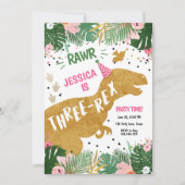 Dinosaur Three-Rex Dino Girl Pink Gold Birthday Invitation (Front)