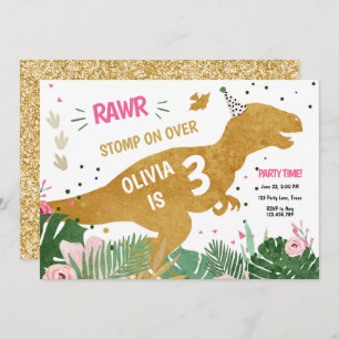 Dinosaur Three-Rex Dino Girl Pink Gold Birthday Invitation