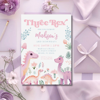 Dinosaur Three Rex Girl Pink 3rd Birthday Party Invitation