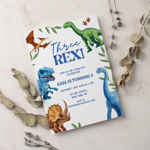 Dinosaur Three Rex Greenery Birthday Invitation