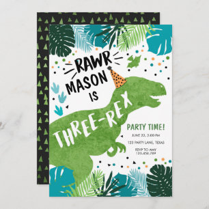 Dinosaur Three-Rex T-Rex RAWR 3rd Third Birthday I Invitation