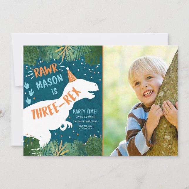 Dinosaur Three-Rex T-Rex RAWR 3rd Third Birthday Invitation (Front)