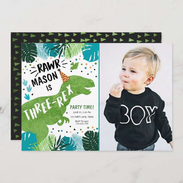Dinosaur Three-Rex T-Rex RAWR 3rd Third Birthday Invitation (Front/Back)