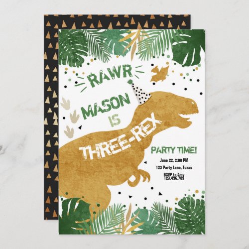 Dinosaur Three_Rex T_Rex RAWR Gold Boy Birthday Invitation