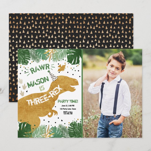 Dinosaur Three-Rex T-Rex RAWR Gold Boy Birthday Invitation (Front/Back)