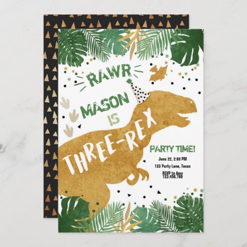 Dinosaur Three_Rex T_Rex RAWR Gold Boy Birthday Invitation