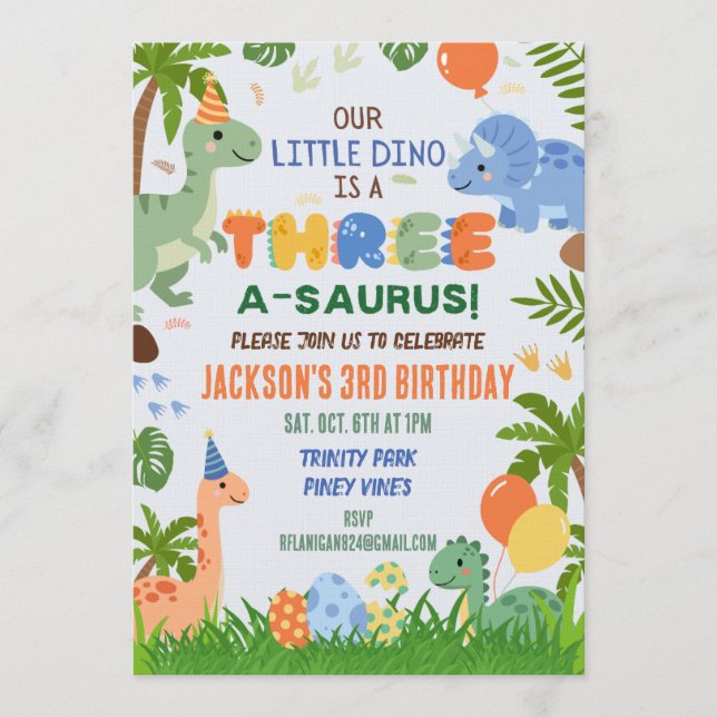 Dinosaur Three Third Birthday Party Invitation (Front)