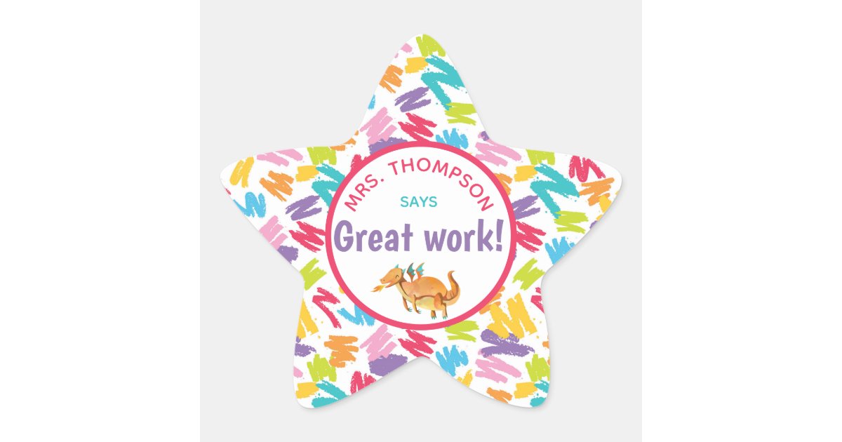 Dinosaur tiny colorful hearts teacher's compliment star sticker | Zazzle