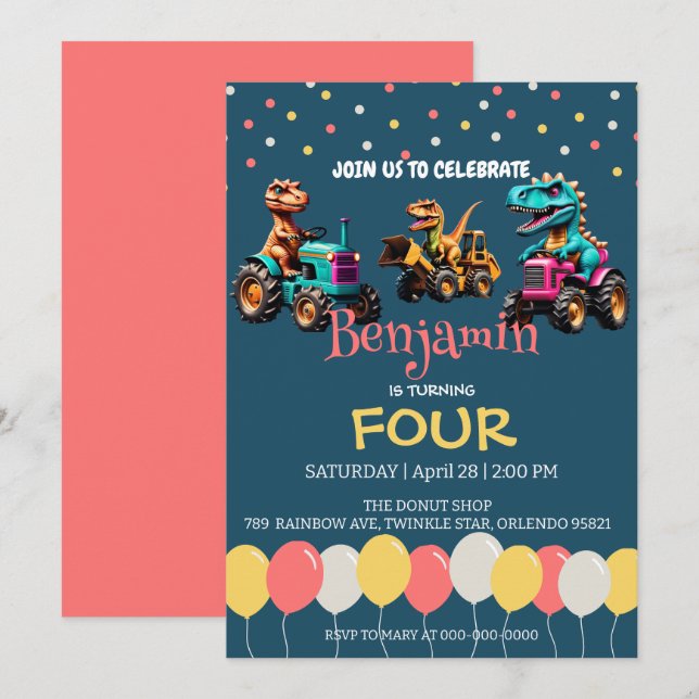 Dinosaur tractor truck balloon School Birthday  Invitation (Front/Back)