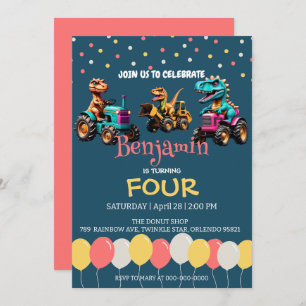 Dinosaur tractor truck balloon School Birthday Invitation