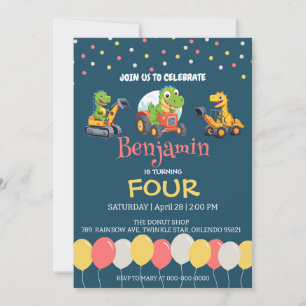 Dinosaur tractor truck balloon School Birthday  Invitation
