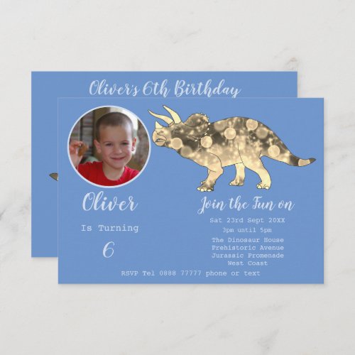 Dinosaur Triceratops Boys 6th Birthday Blue Photo  Invitation