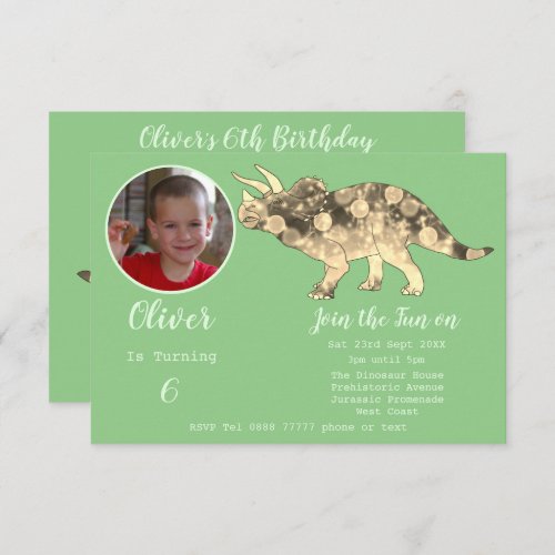 Dinosaur Triceratops Boys 6th Birthday Green Photo Invitation