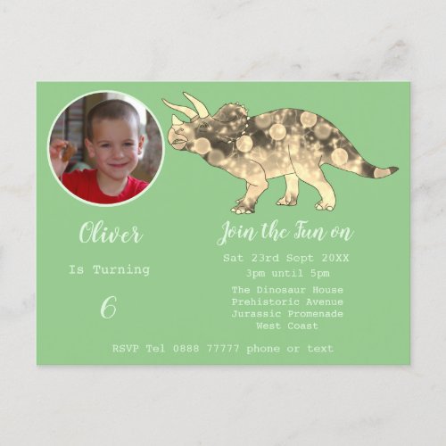 Dinosaur Triceratops Boys 6th Birthday Green Photo Invitation Postcard