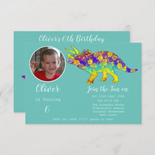 Dinosaur Triceratops Boys 6th Birthday Photo Funky Invitation