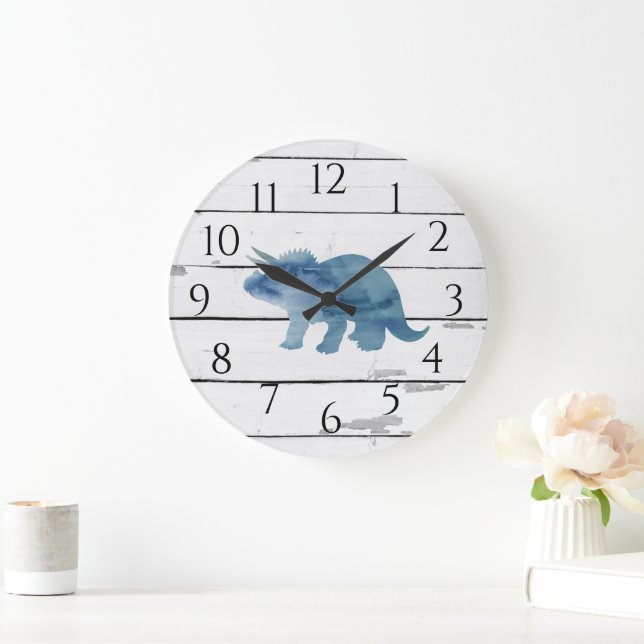 Dinosaur Triceratops Decor Rustic Shiplap Large Clock (Home)