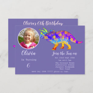 Dinosaur Triceratops Girls Birthday Purple Photo I Invitation