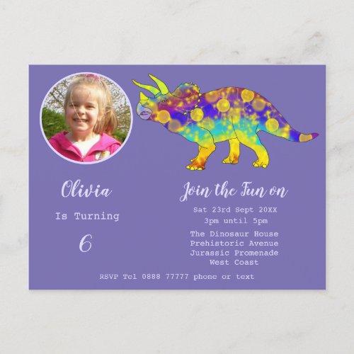 Dinosaur Triceratops Girls Birthday Purple Photo I Invitation Postcard