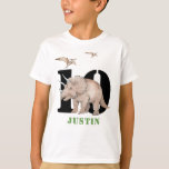 Dinosaur Triceratops T-Shirt<br><div class="desc">A bold dinosaur triceratops with flying Pterodactyls birthday tee. Great for ages 10 and up. Bold green watercolor dinosaur. Add you name and age.</div>