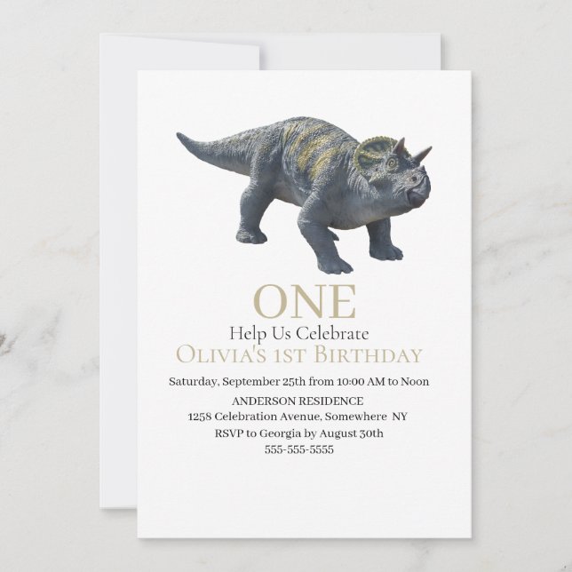 Dinosaur Triceratops White Invitation  (Front)