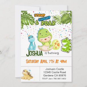 Dinosaur turning 3 birthday invitation