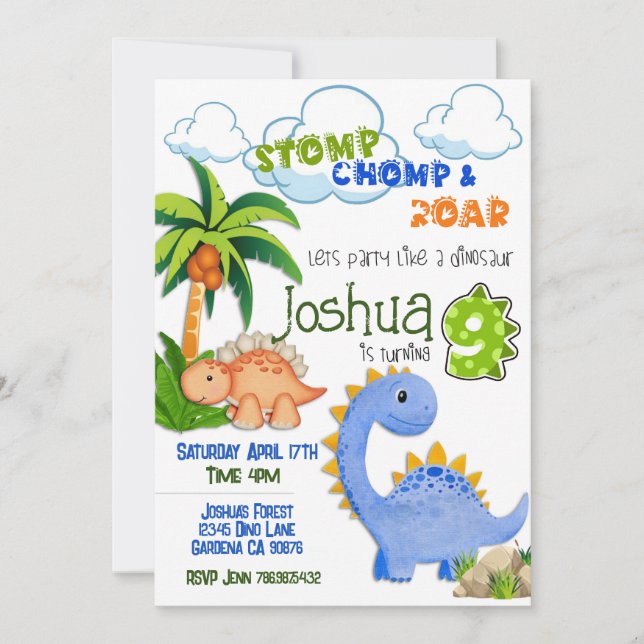 Dinosaur turning 9 birthday invitation (Front)