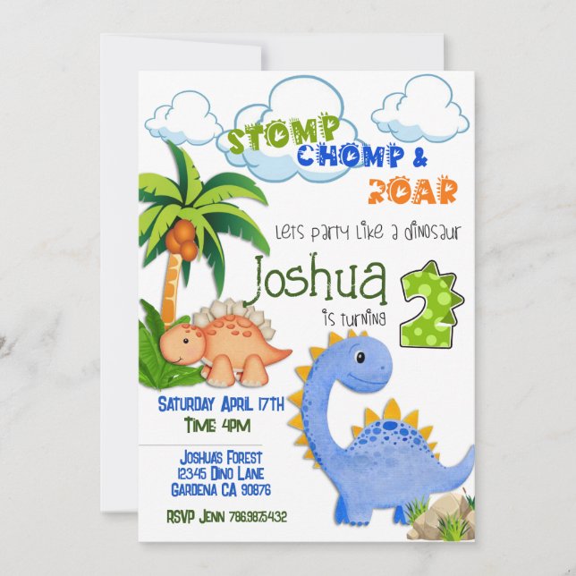 Dinosaur turning two birthday invitation (Front)