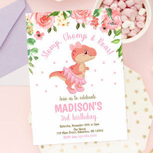 Dinosaur Tutu Ballerina Pink Floral Birthday Invitation