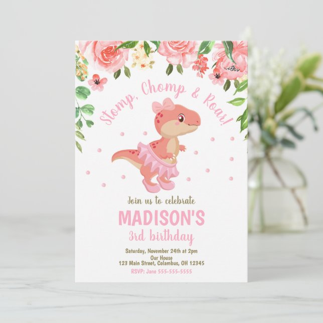 Dinosaur Tutu Ballerina Pink Floral Birthday  Invitation (Standing Front)