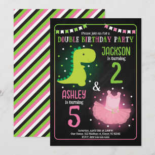 Dinosaur & Tutu Ballerina Siblings Joint Birthday Invitation