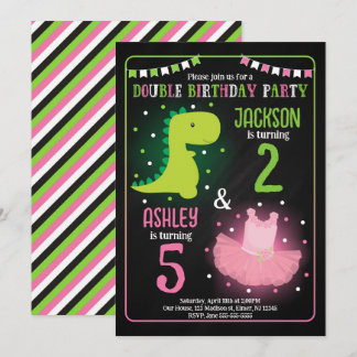 Dinosaur & Tutu Ballerina Siblings Joint Birthday Invitation