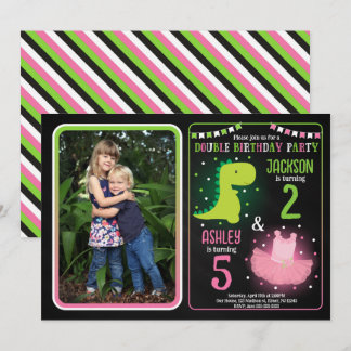 Dinosaur & Tutu Photo Siblings Joint Birthday Invitation