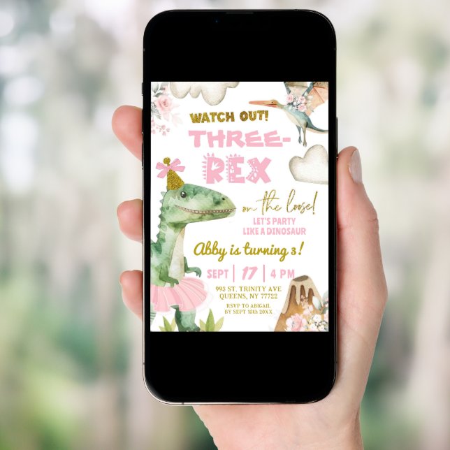 Dinosaur Tutu ThreeRex Girl 3rd Birthday Party Invitation (Front Digital)