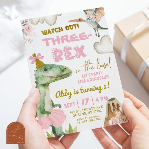 Dinosaur Tutu ThreeRex Girl 3rd Birthday Party Invitation