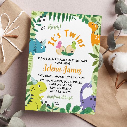 Dinosaur Twins Baby Shower Invitation