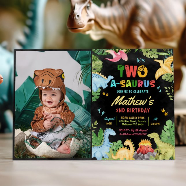 Dinosaur Two-A-Saurus 2nd Birthday Party Photo Invitation (Creator Uploaded)
