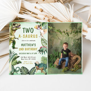Dinosaur Two-A-Saurus 2nd Birthday Party Photo Invitation