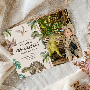 Dinosaur Two-A-Saurus 2nd Birthday Party Photo Invitation